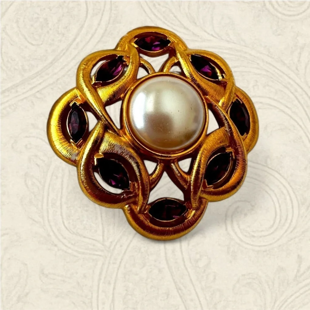 Monet Gold and crystal Purple stone Brooch with Pearl Center vintage look